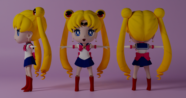 Sailor Moon figure model rendered in profile, front and back perspective